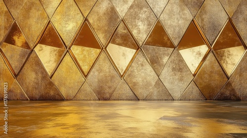 Geometric gold wall with intricate triangular patterns and a matching gold floor- ideal for luxurious and modern interior design themes.
