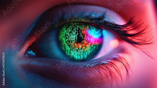 Colorful Eye with Digital Glitches and Binary Code Reflections