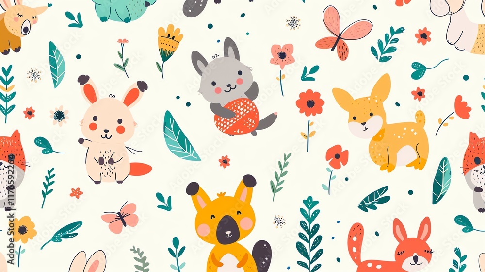 A seamless pattern with woodland animals and flowers. A seamless pattern with woodland animals and flowers.