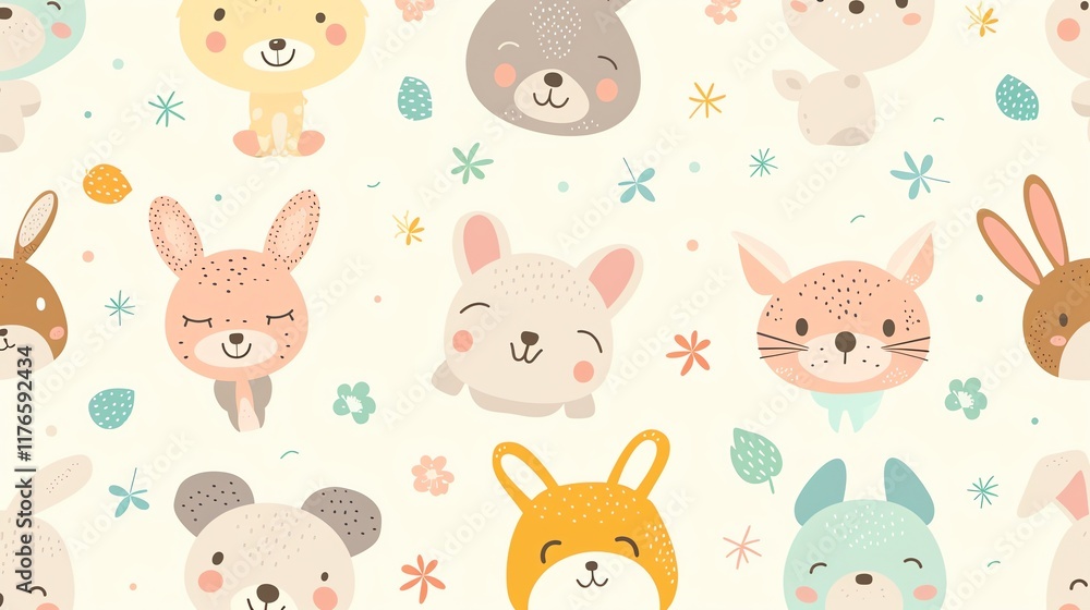 A seamless pattern of cute animal faces and flowers. A seamless pattern of cute animal faces and flowers.