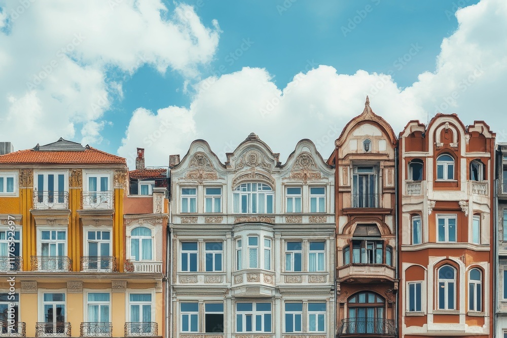 Fototapeta premium Ornate European buildings, blue sky, fluffy clouds.