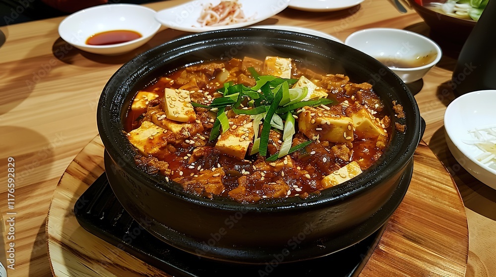 Delicious Mapo tofu with tender tofu cubes, spicy red sauce, and a sprinkle of minced meat and green onions. A popular and flavorful Chinese dish. Delicious Mapo tofu with tender tofu cubes, spicy red sauce, and a sprinkle of minced meat and green onions. A popular and flavorful Chinese dish.