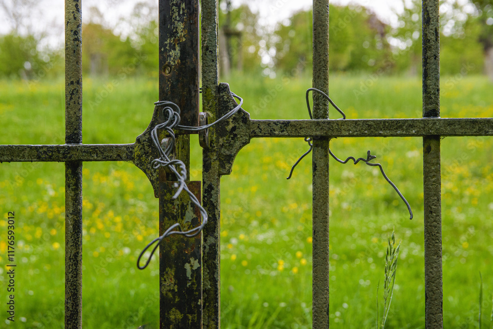 Metal wire instead of a padlock. Iron gates on a plot of land without a lock Metal wire instead of a padlock. Iron gates on a plot of land without a lock