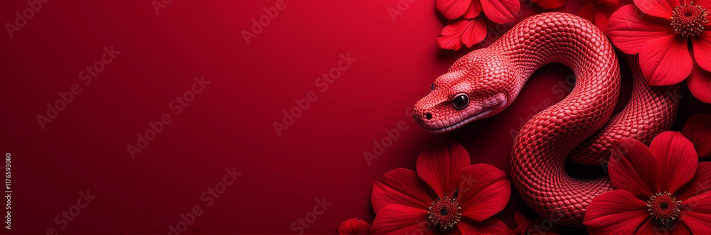 Fototapeta premium Vibrant Floral Snake Among Red Flowers, Digital Art