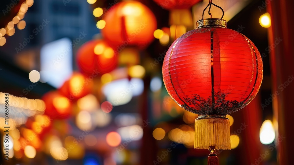 Fototapeta premium Red lanterns illuminate beautifully in charming evening scene