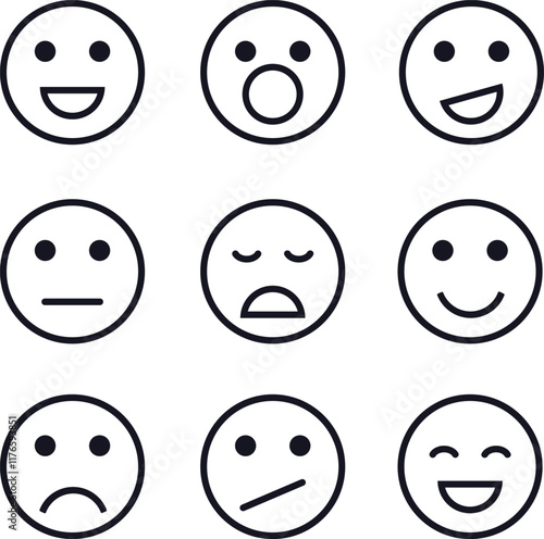 Smiley face icon, set of black and white smiley faces isolated on white background. Vector, designer illustration. Vector.