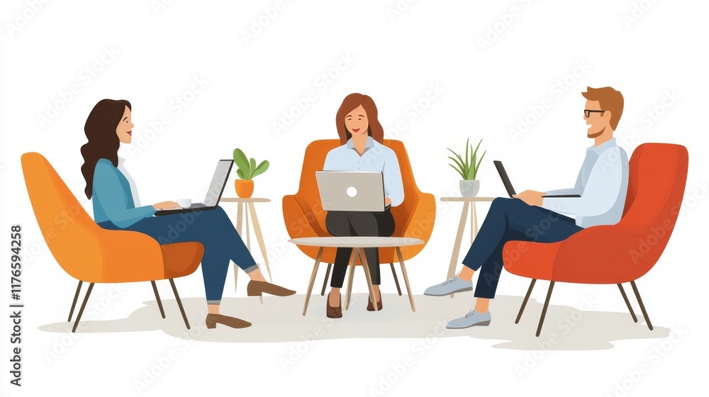 Three Office Workers in Casual Lounge Area with Laptops and Plants Three Office Workers in Casual Lounge Area with Laptops and Plants
