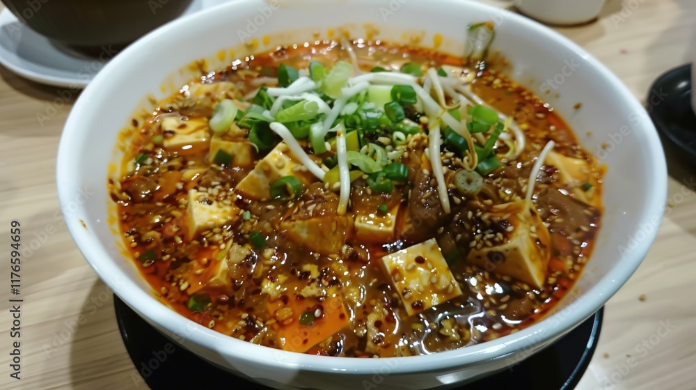 Delicious Mapo tofu with tender tofu cubes, spicy red sauce, and a sprinkle of minced meat and green onions. A popular and flavorful Chinese dish. Delicious Mapo tofu with tender tofu cubes, spicy red sauce, and a sprinkle of minced meat and green onions. A popular and flavorful Chinese dish.