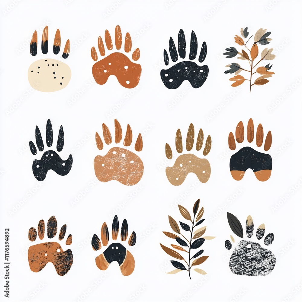 Fototapeta premium Abstract animal paw prints and foliage design elements.