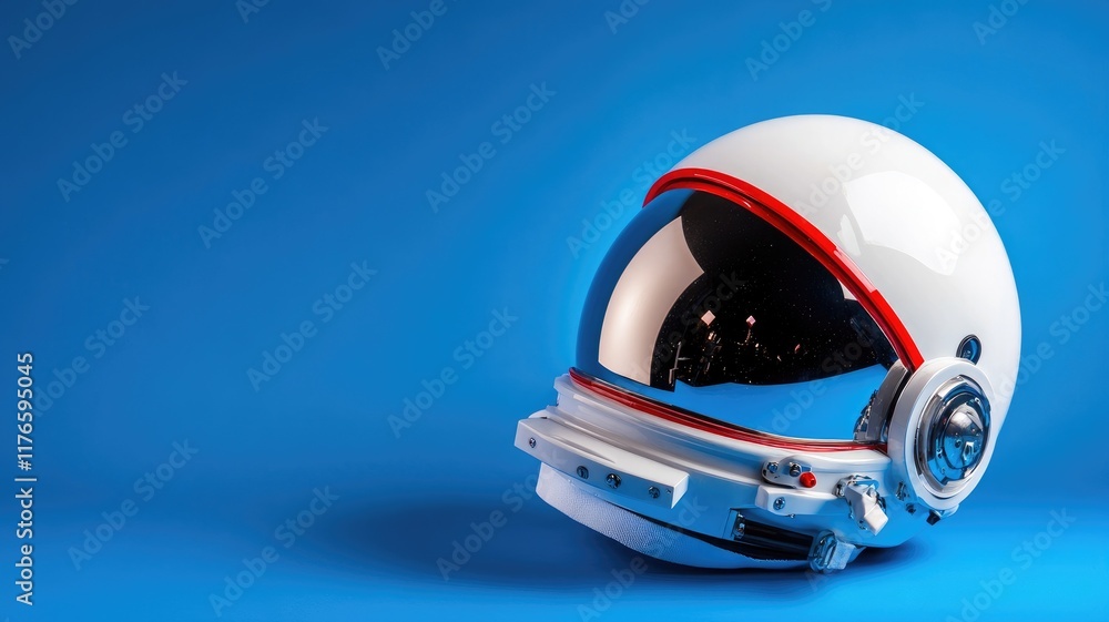 White astronaut helmet with red detailing on blue background White astronaut helmet with red detailing on blue background