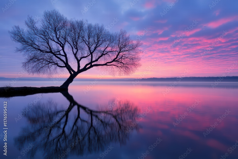 Serene Sunset Reflection with Bare Tree and Colorful Sky Serene Sunset Reflection with Bare Tree and Colorful Sky