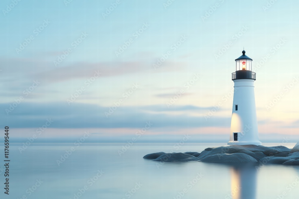 Serene Lighthouse at Dawn with Calm Waters and Soft Sky Colors Serene Lighthouse at Dawn with Calm Waters and Soft Sky Colors