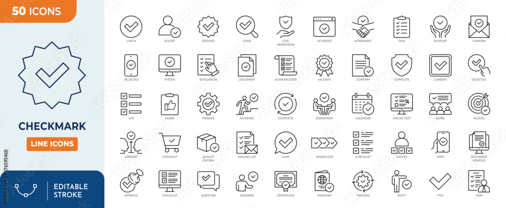 Checkmark line editable icon set. Checkmark icon set. Containing check, correct, accept, agree, confirm, approve, complete, checklist, verified and more icons.