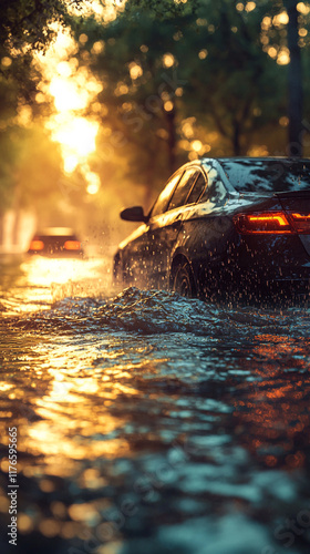 Sunset Car Flood Water Drive Golden Hour Rain