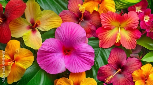 Exotic Hibiscus and Orchids Seamless Pattern with Vibrant Tropical Flowers and Lush Greenery