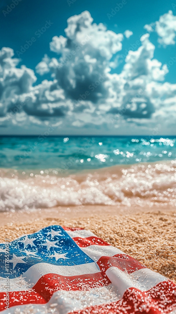 USA Flag on Sandy Beach Ocean Waves Summer Vacation USA Flag on Sandy Beach Ocean Waves Summer Vacation