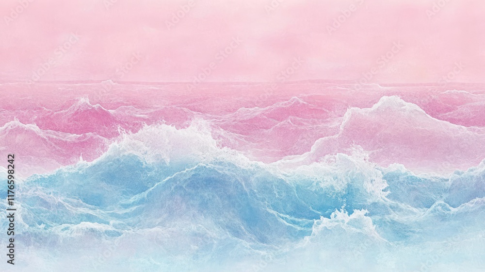 Fototapeta premium A serene seascape with soft pink and blue waves, evoking calmness and tranquility.
