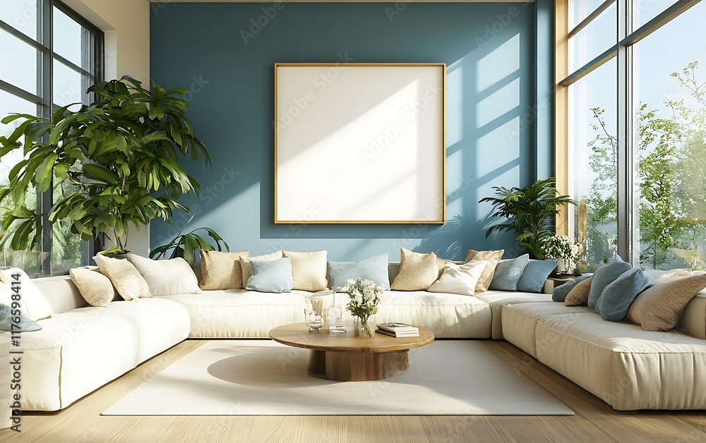 Modern living room with blank canvas, natural light, plants, and comfortable seating. Modern living room with blank canvas, natural light, plants, and comfortable seating.