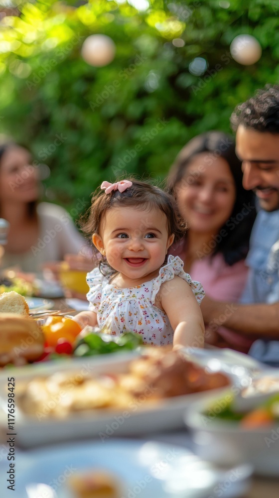 Happy baby girl at a family meal outdoors. AI. Happy baby girl at a family meal outdoors. AI.