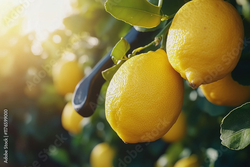 Bunch of fresh ripe oranges hanging on a tree in orange garden