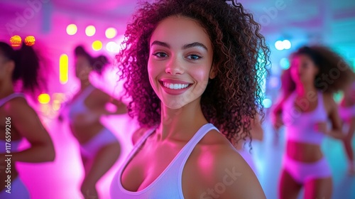 Fitness class in vibrant lighting. AI.