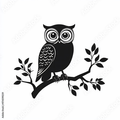 Cute black and white owl perched on branch. photo