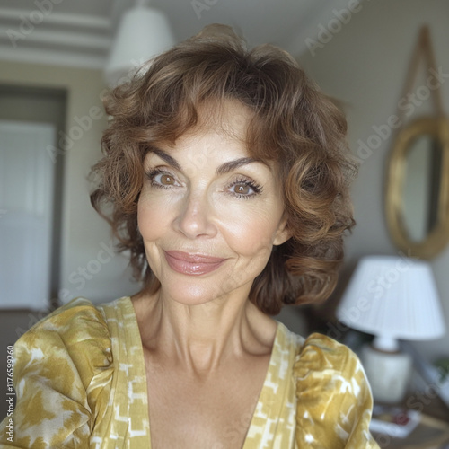 selfie d'une femme d'âge moyen à la peau claire et aux cheveux bruns bouclés, l'air heureuse. Elle porte du maquillage. photo