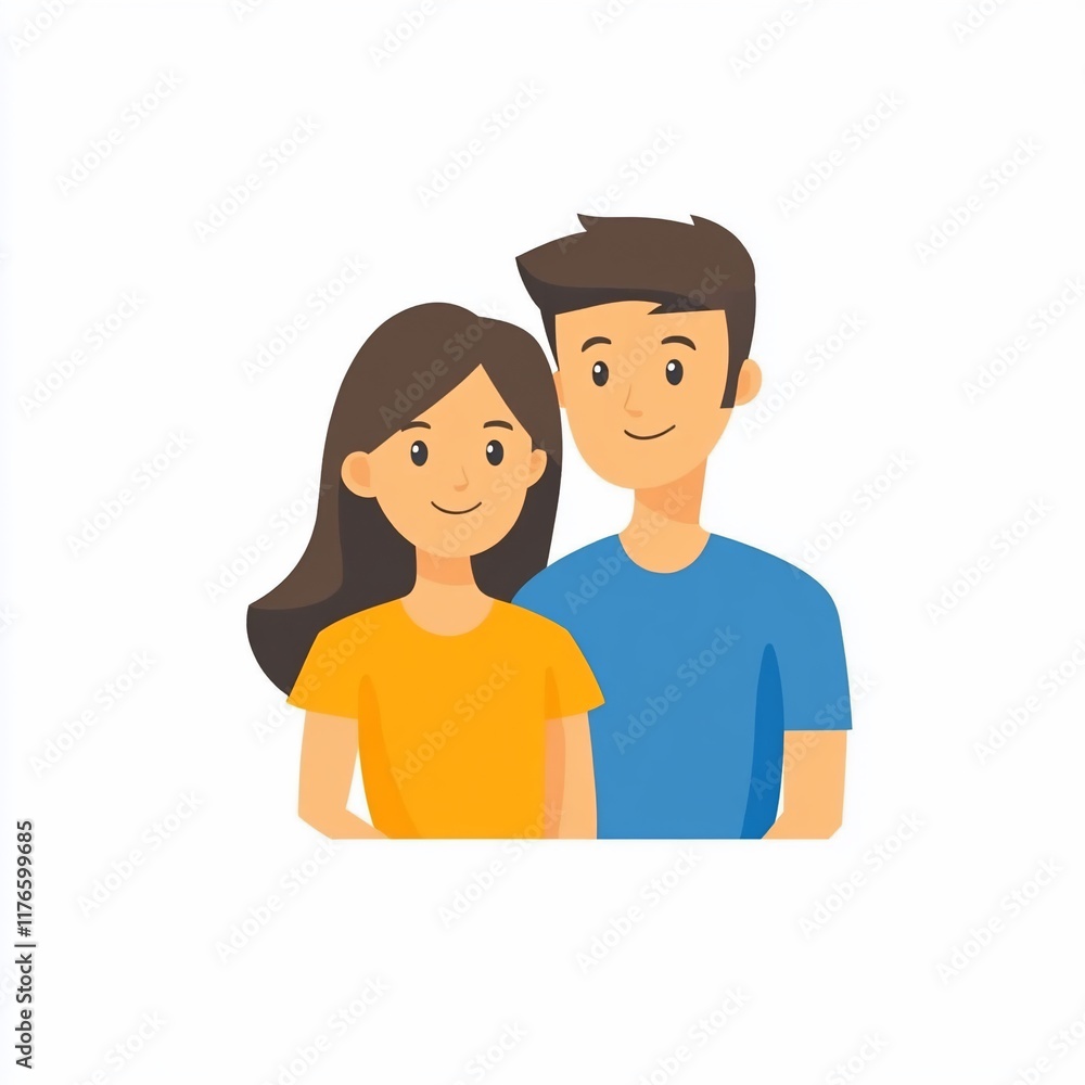 Fototapeta premium Affectionate couple, happy, smiling, close together, cartoon style illustration.