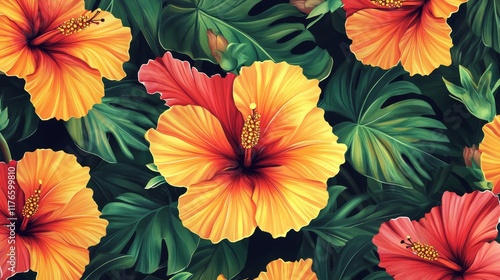 Wallpaper Mural Vibrant Tropical Hibiscus Prints - Exotic Flowers Seamless Motif for Bold Designs and Lively Decor Torontodigital.ca