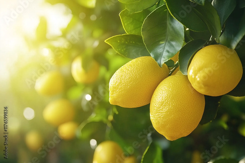 Bunch of fresh ripe lemons hanging on a tree in lemons garden