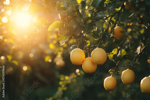 Bunch of fresh ripe oranges hanging on a tree in orange garden
