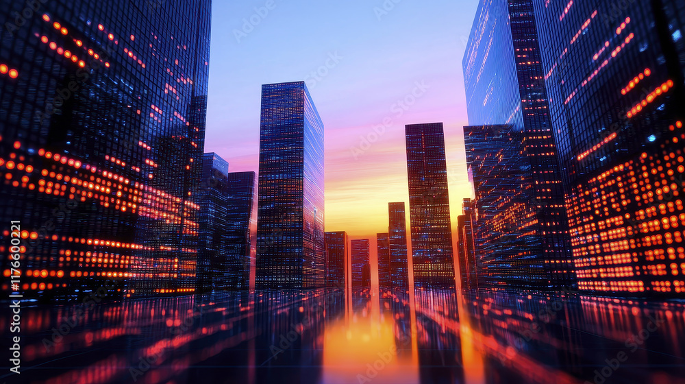 stunning cityscape at sunset, showcasing modern skyscrapers with vibrant lights reflecting on ground. colorful skyline creates futuristic atmosphere stunning cityscape at sunset, showcasing modern skyscrapers with vibrant lights reflecting on ground. colorful skyline creates futuristic atmosphere