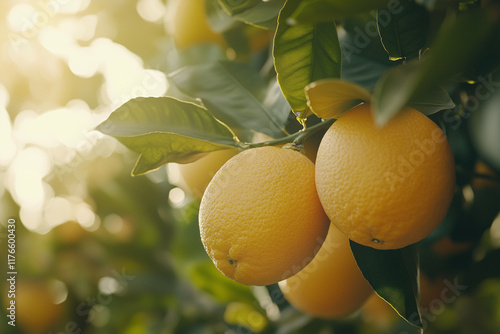 Bunch of fresh ripe lemons hanging on a tree in lemons garden