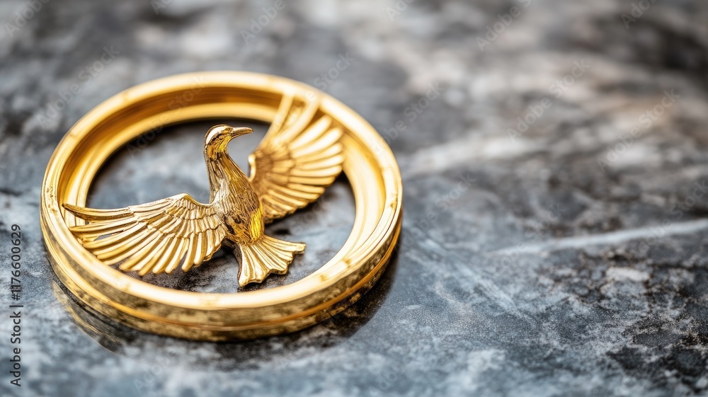 Golden bird emblem on circular frame with marble background Golden bird emblem on circular frame with marble background