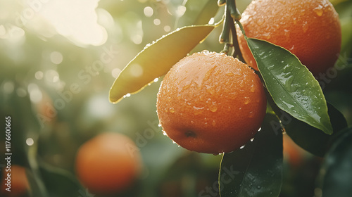 Bunch of fresh ripe oranges hanging on a tree in orange garden