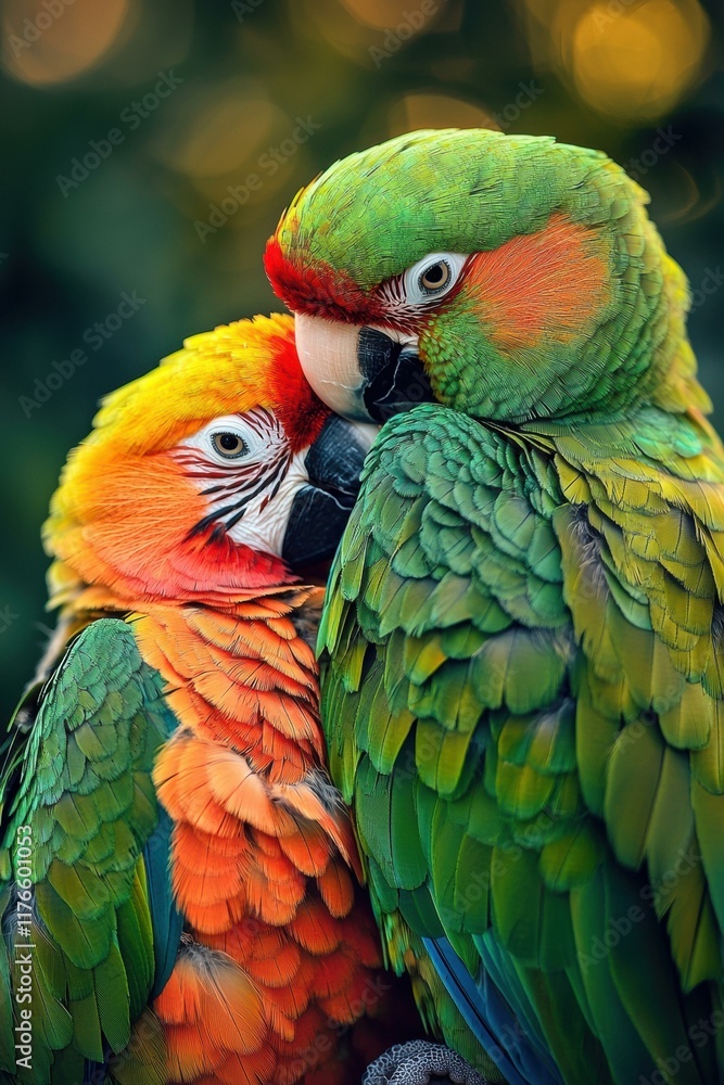 Fototapeta premium Two parrots nuzzle, displaying vibrant plumage. AI.