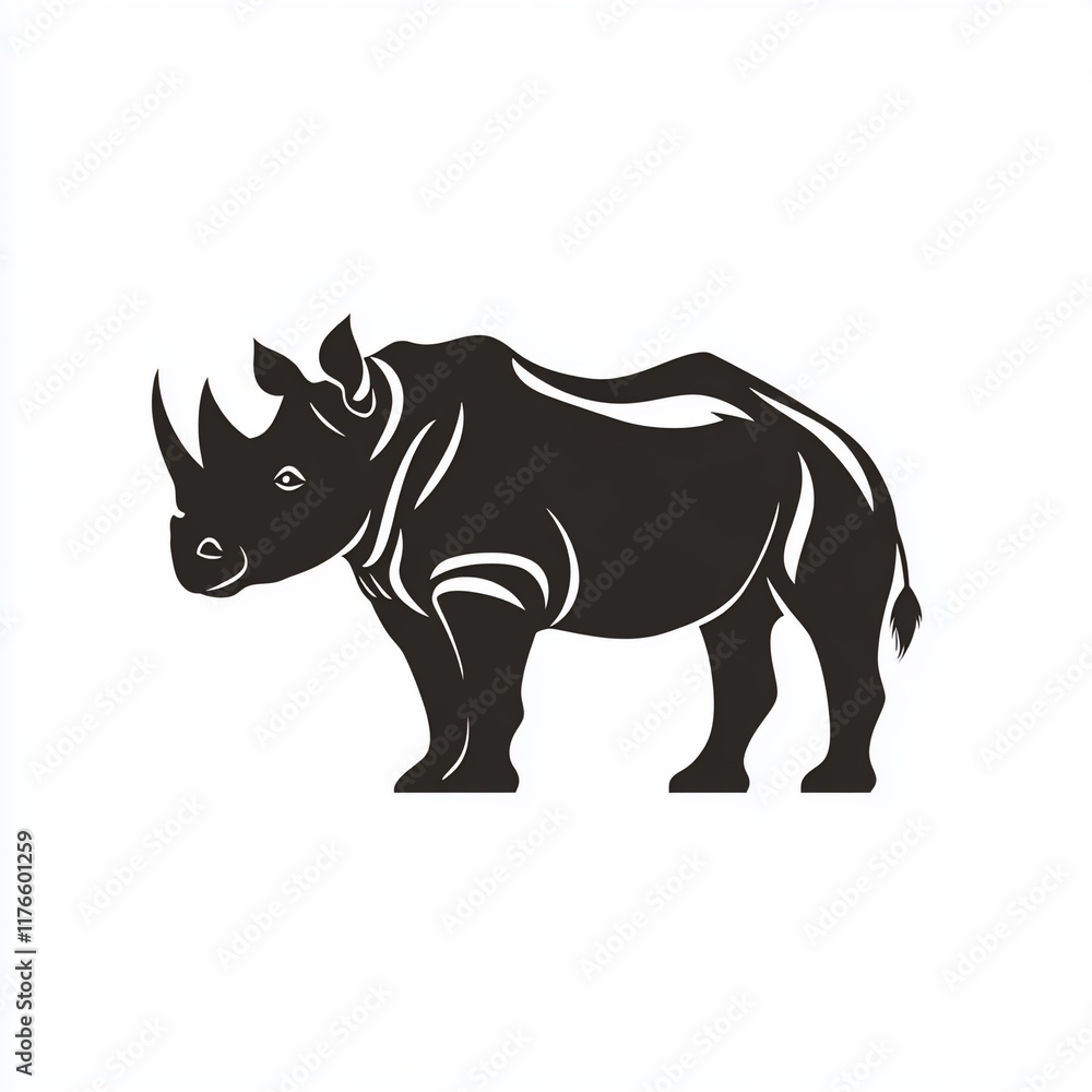 Obraz premium Silhouetted rhinoceros, side view, black and white graphic design.
