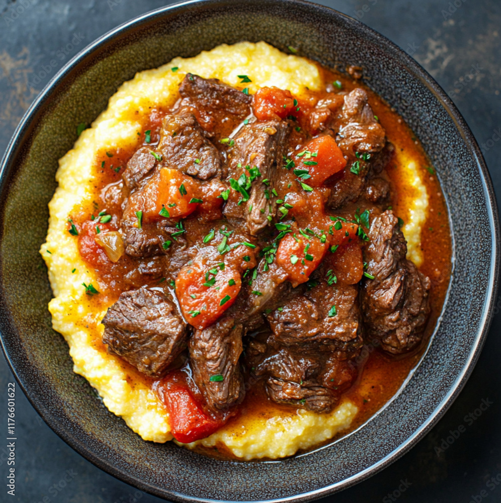 Beef with Creamy Polenta, Ingredients: For the Beef, beef chuck roast, trimmed and cut into chunks, pepper, olive oil, onion, garlic, tomato paste Beef with Creamy Polenta, Ingredients: For the Beef, beef chuck roast, trimmed and cut into chunks, pepper, olive oil, onion, garlic, tomato paste