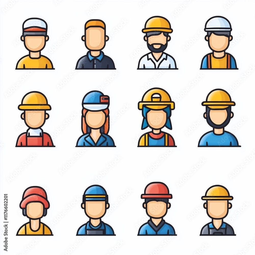 Flat design icons of various people in different work hats. Flat design icons of various people in different work hats.