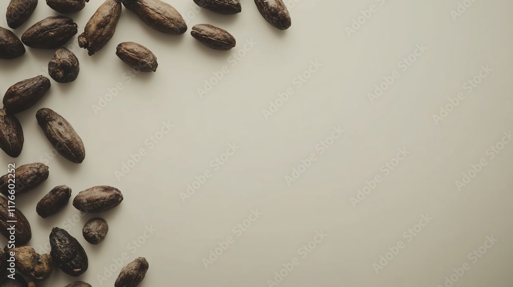 A collection of dark cocoa beans scattered on a neutral background. A collection of dark cocoa beans scattered on a neutral background.
