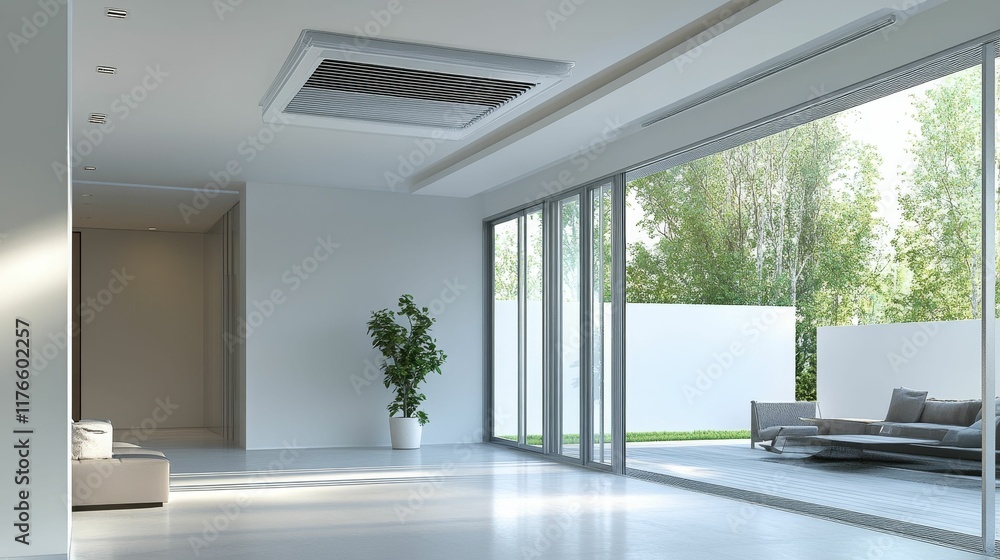 Fototapeta premium Modern minimalist interior, glass doors, outdoor view.