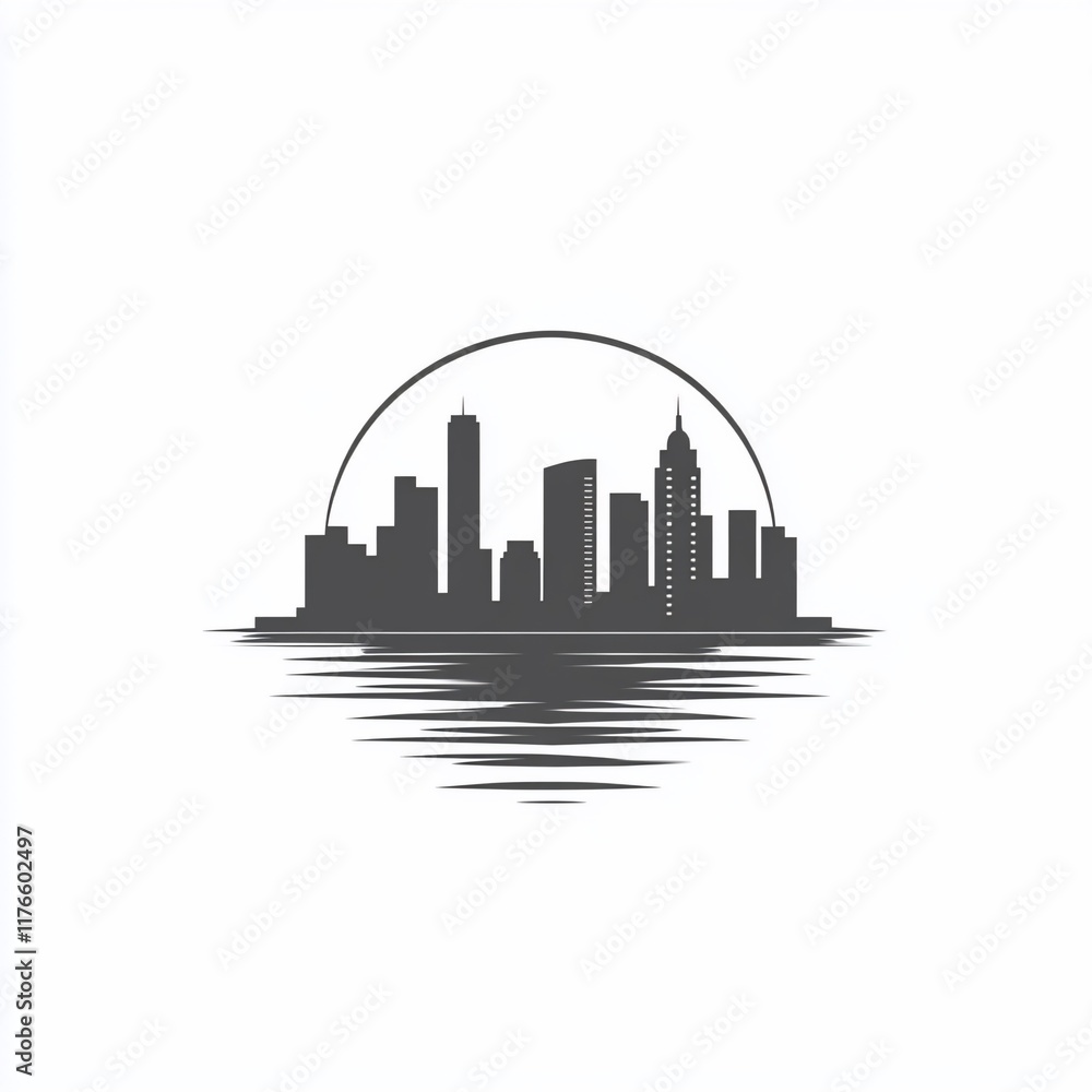 Naklejka premium Silhouette of a city skyline reflected on water, with a circular sun.