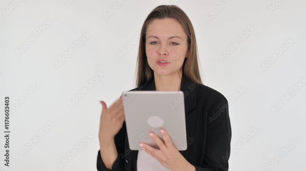 Portrait of Businesswoman Doing Video Chat via Digital Tablet on White Background Portrait of Businesswoman Doing Video Chat via Digital Tablet on White Background