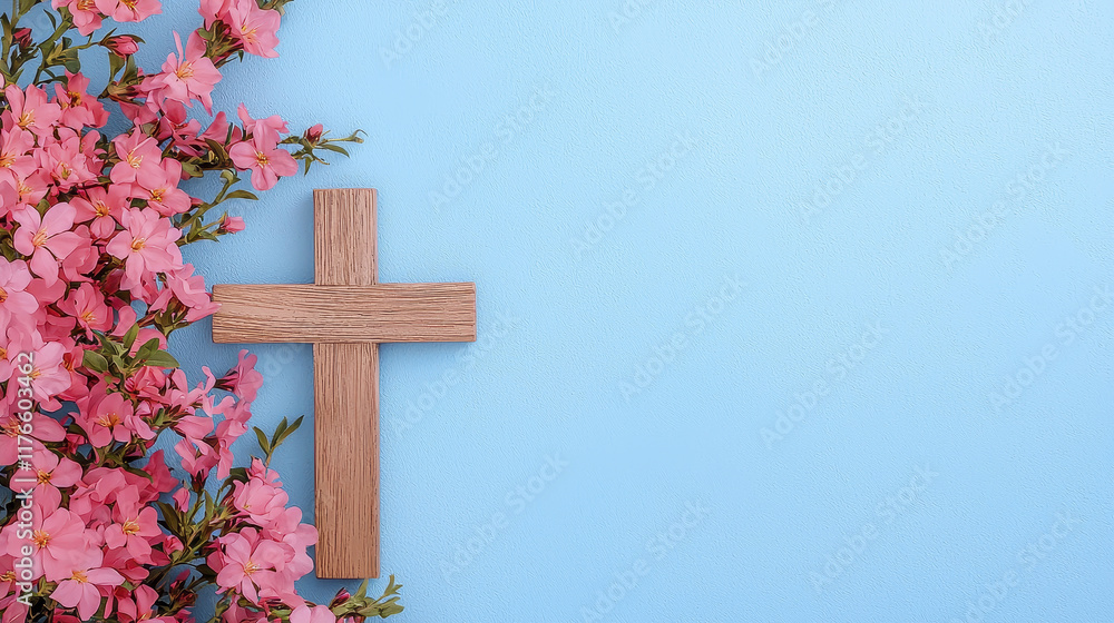 wooden cross surrounded by pink flowers on blue background creates serene and peaceful atmosphere, perfect for religious themes and celebrations wooden cross surrounded by pink flowers on blue background creates serene and peaceful atmosphere, perfect for religious themes and celebrations