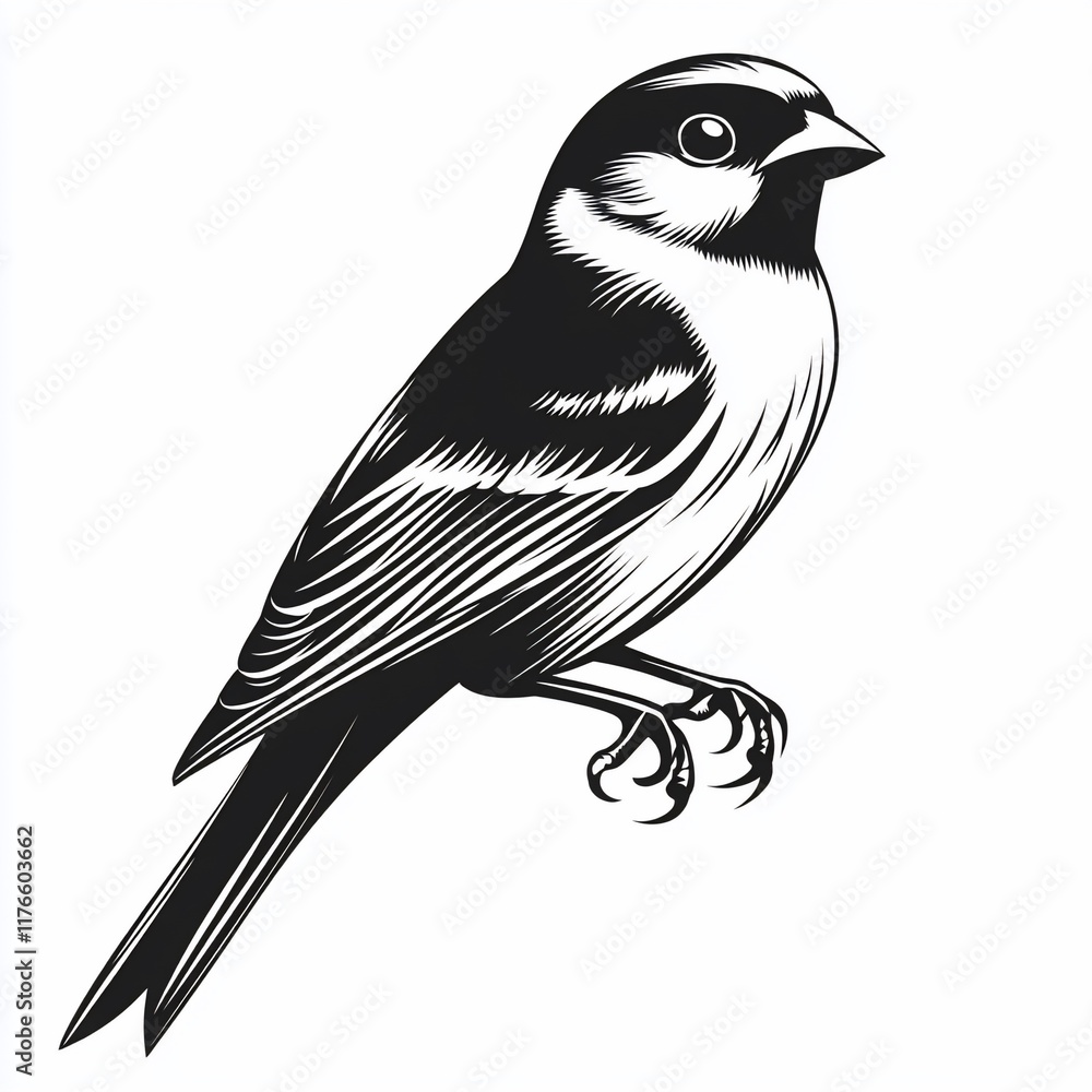 Fototapeta premium Side view of a detailed black and white drawing of a small bird.