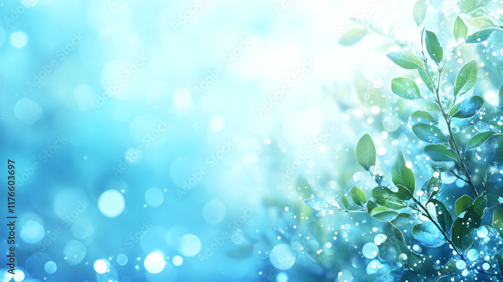 Obraz premium Delicate green leaves with sparkling water droplets and soft blue bokeh background, creating a serene and refreshing natural scene