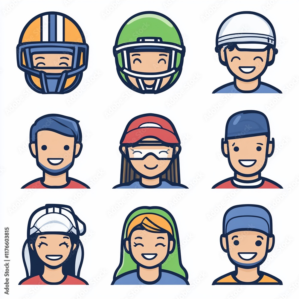 Cartoon avatars of people wearing sports helmets and caps, smiling faces. Cartoon avatars of people wearing sports helmets and caps, smiling faces.