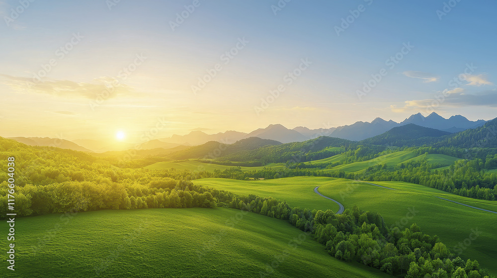serene sunset over rolling green hills and mountains, showcasing nature beauty and tranquility. vibrant colors of sky reflect on lush landscape, creating peaceful atmosphere serene sunset over rolling green hills and mountains, showcasing nature beauty and tranquility. vibrant colors of sky reflect on lush landscape, creating peaceful atmosphere