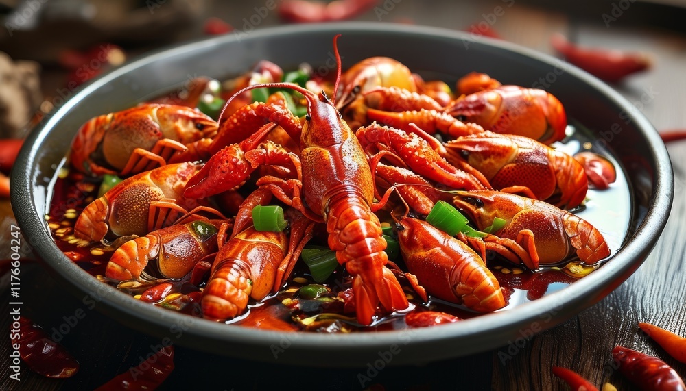 Spicy Sichuan Mala Crayfish Dish Served on a Dark Plate with Fresh Ingredients and Chili Spicy Sichuan Mala Crayfish Dish Served on a Dark Plate with Fresh Ingredients and Chili