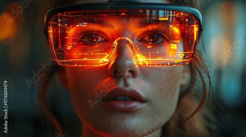 Closeup of a woman's face with glowing orange glasses, showing a futuristic interface. AI generative. .